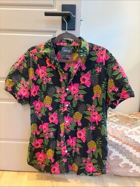 Bonobos Men’s Black Floral Short-Sleeve Button-Up Shirt - Pink & Green